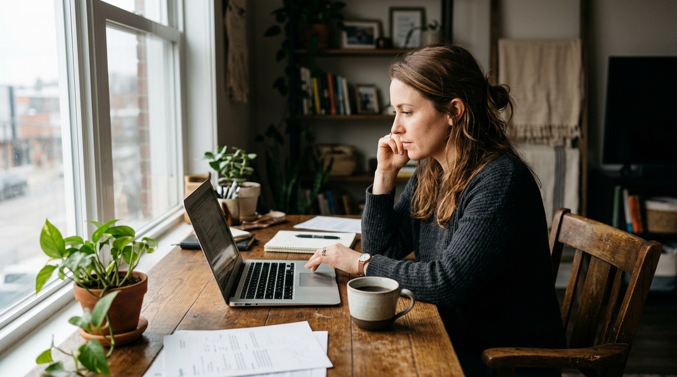 A small business owner at a wood desk reviewing their laptop with a coffee and natural window light, calm and focused