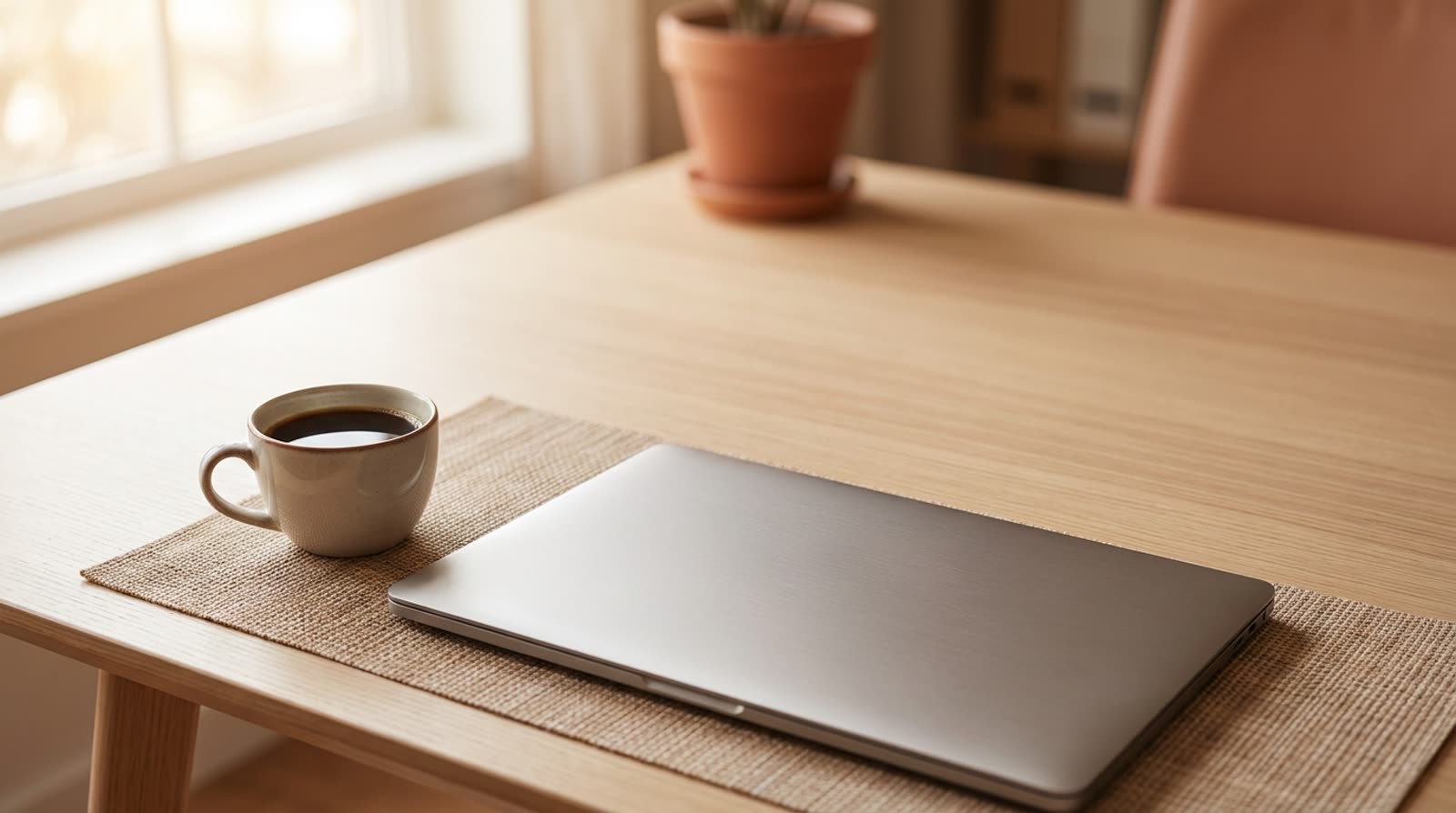 A closed laptop and a cup of black coffee on a warm wooden desk in morning light