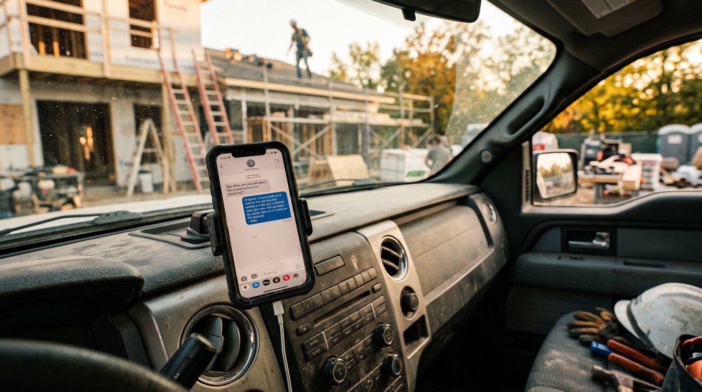 A worn work truck parked outside a job site, a contractor's phone on the dash showing a text message reply sent automatically while he was on the roof