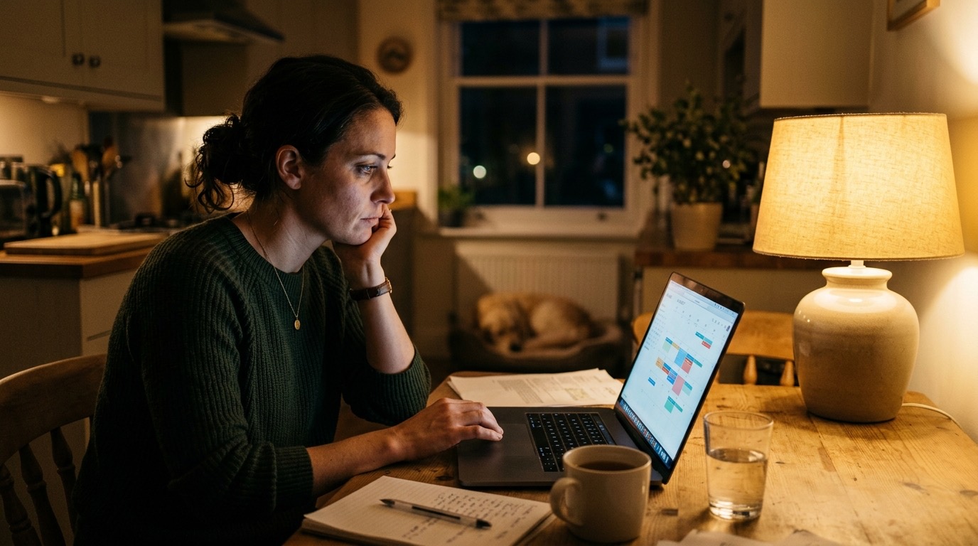 A tired but focused service business owner at a kitchen table with a laptop open to a calendar at night, warm lamp light