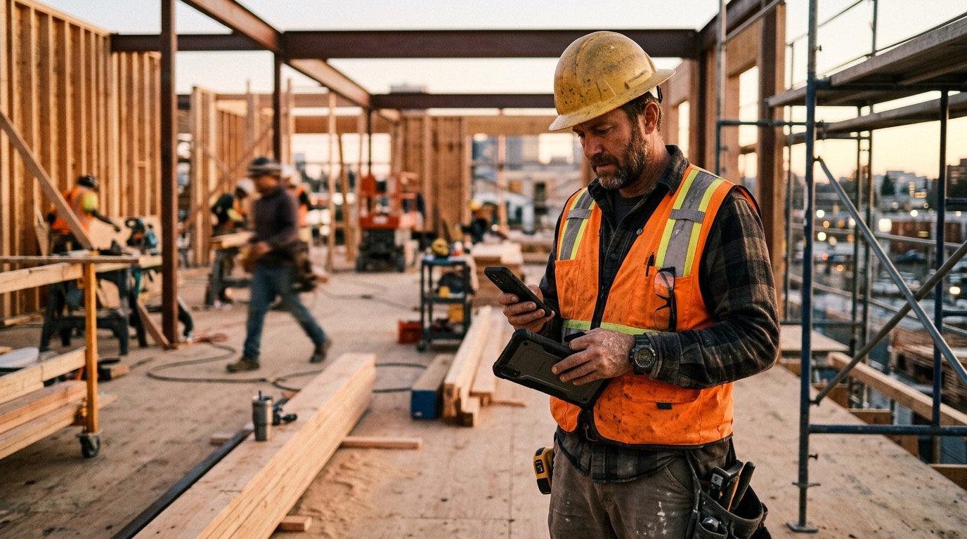 A contractor reviewing phone notifications on a job site, natural light, candid