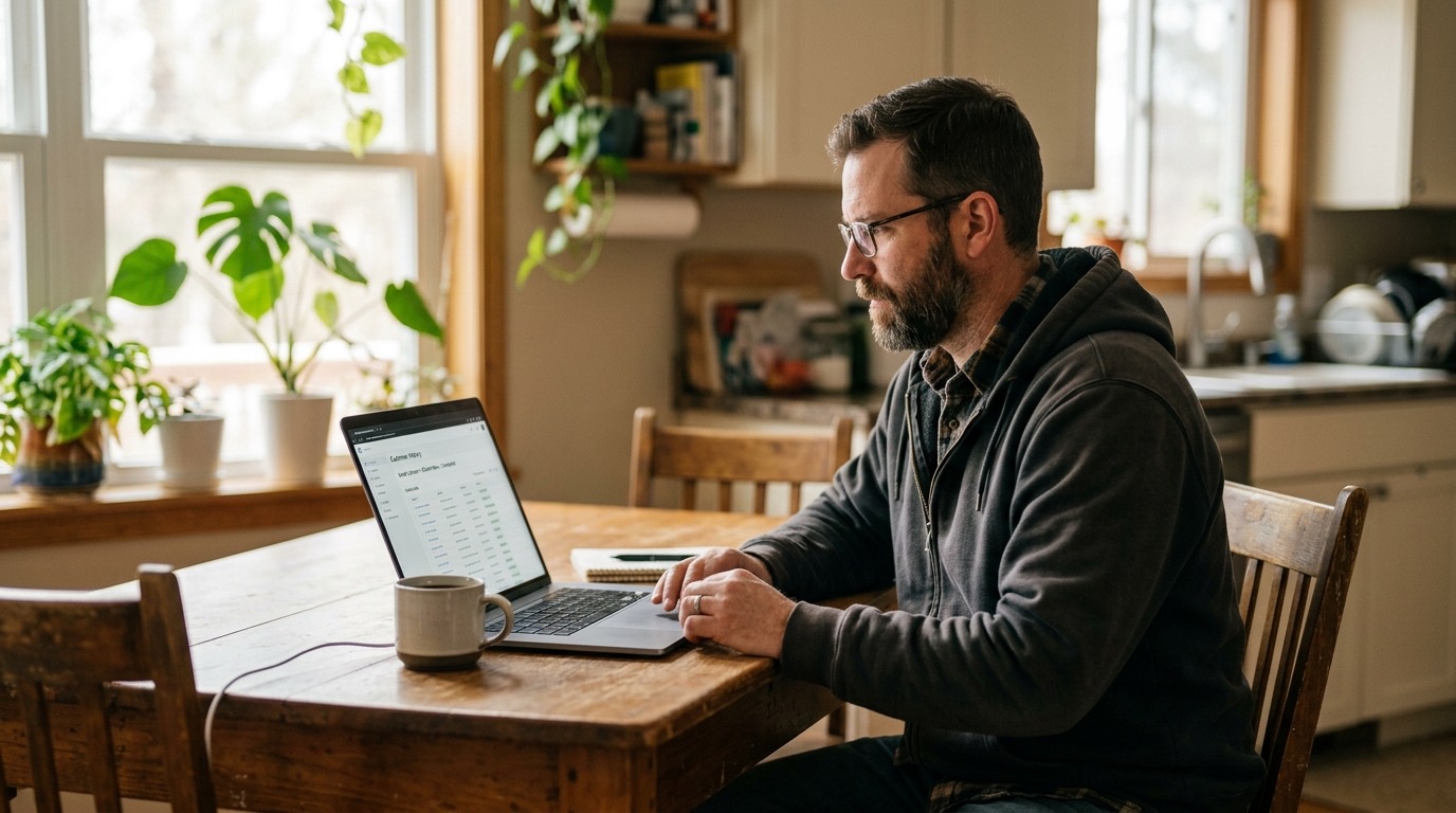 A contractor sitting at a kitchen table with a coffee and an open laptop, reviewing customer job history in a simple CRM