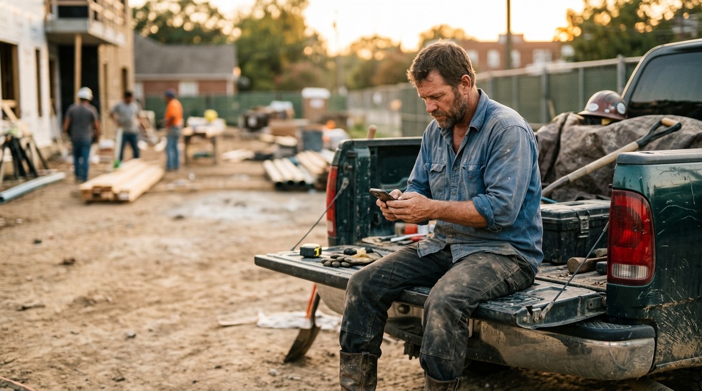 A local contractor in a worn work shirt scrolling his phone at the tailgate of his truck, late afternoon light