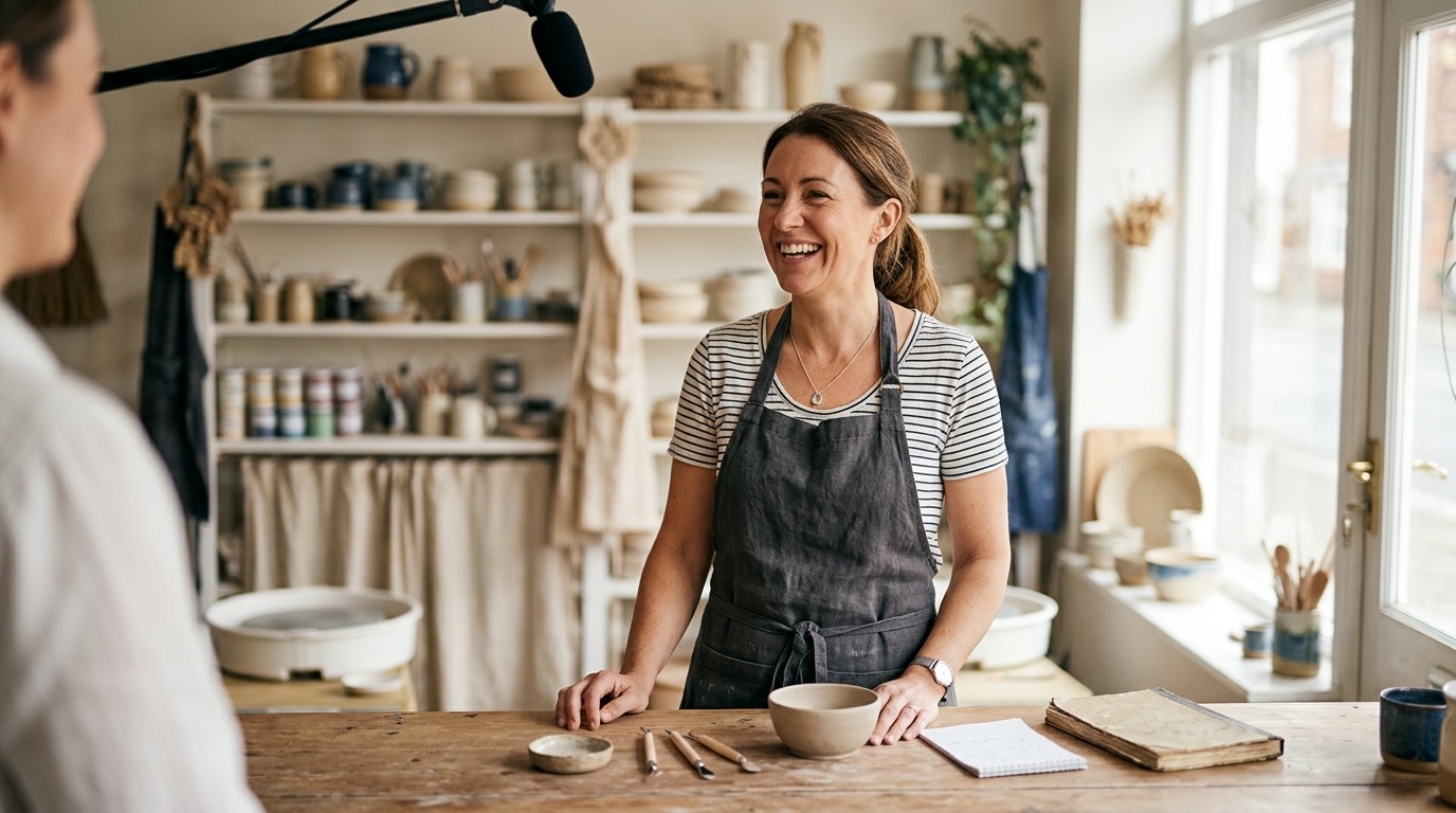 Small business owner on camera in a clean shop or office, warm natural light, genuine expression