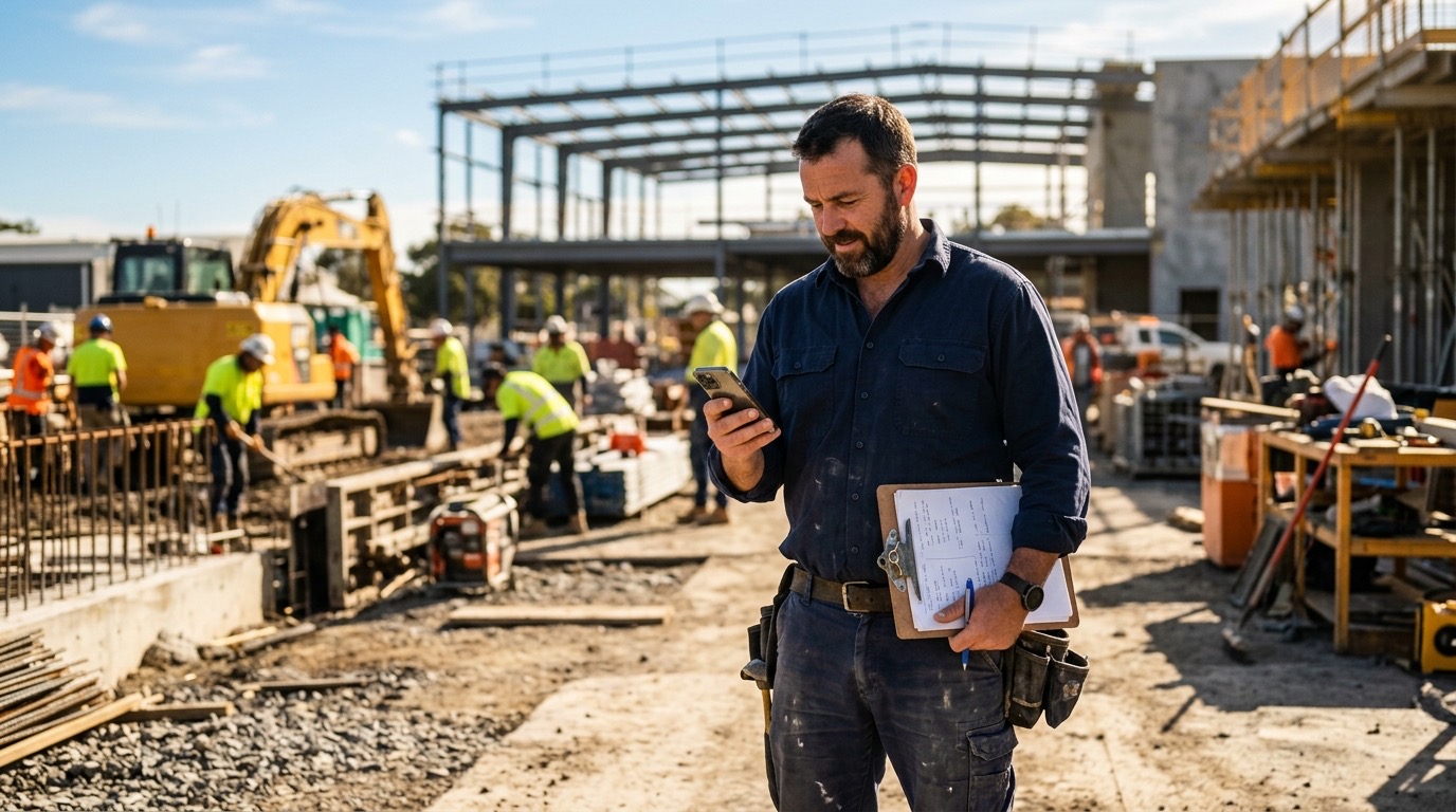A contractor in a work shirt checking his phone at a jobsite, mid-morning light, clipboard in hand