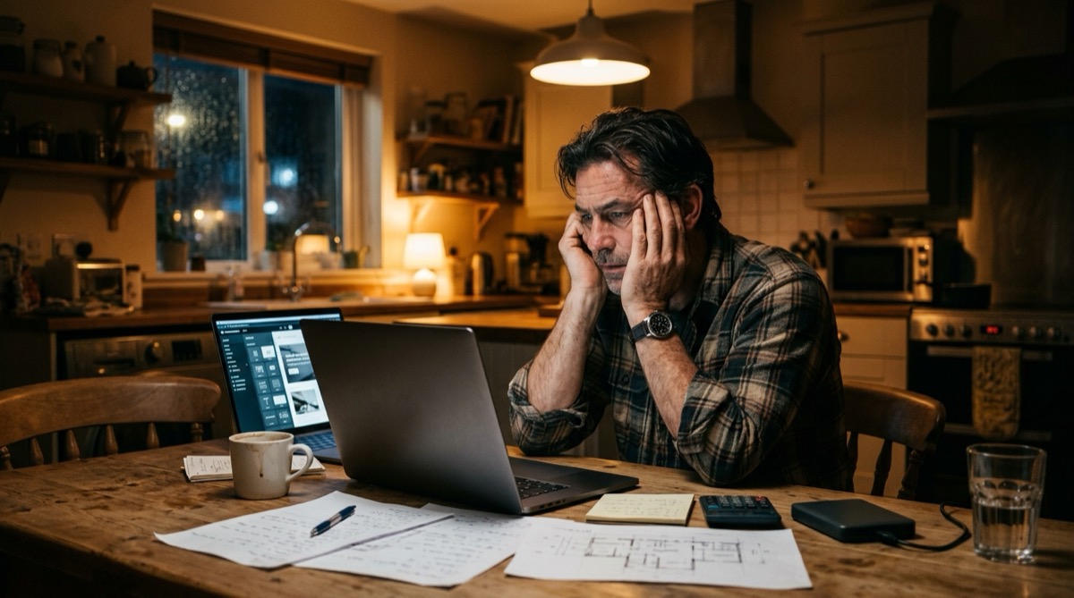 A contractor reviewing their phone and laptop on a job site, a Facebook page open next to a basic business website