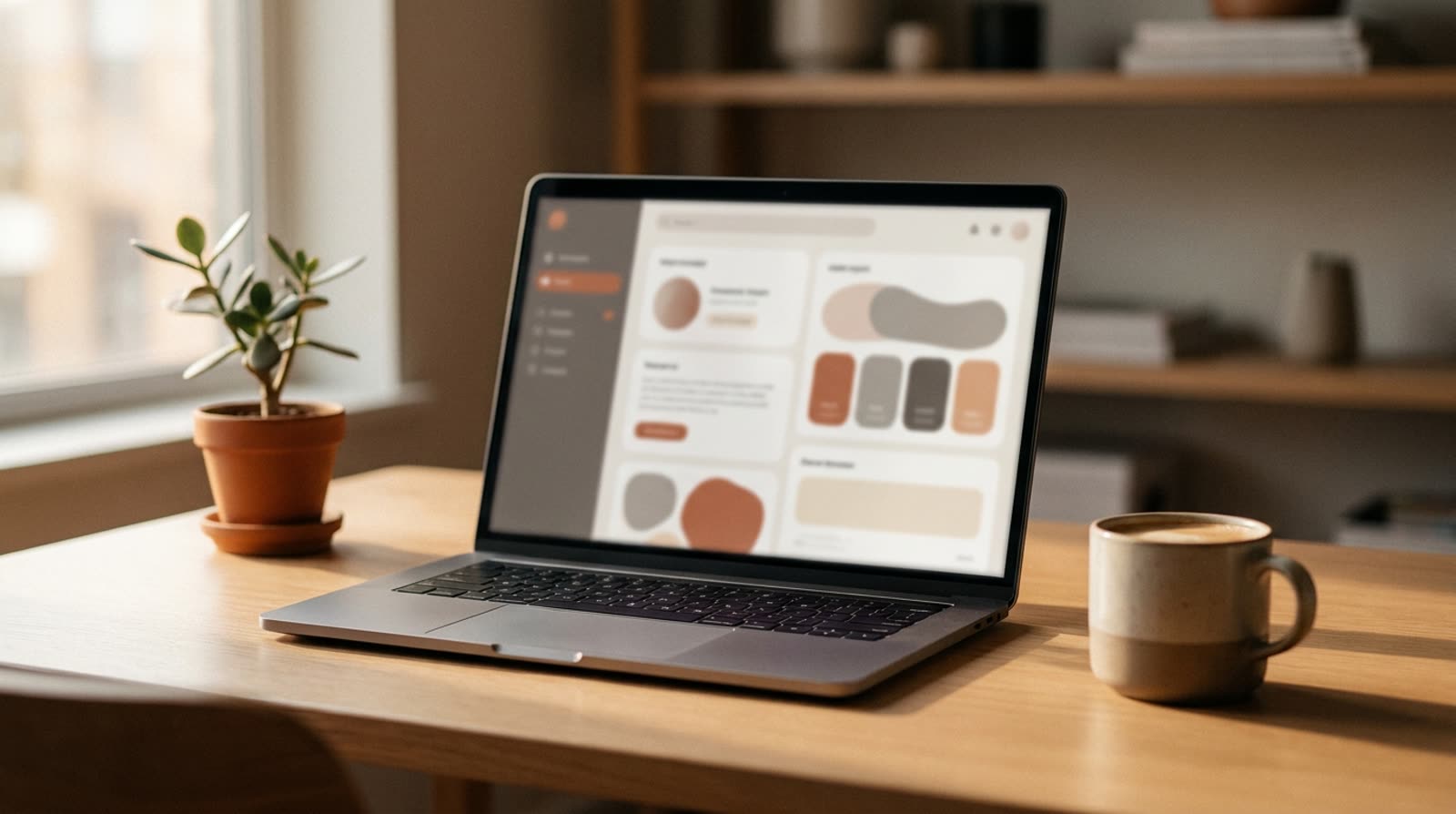 An open laptop showing a clean inbox on a tidy home-office desk with a coffee cup in warm window light