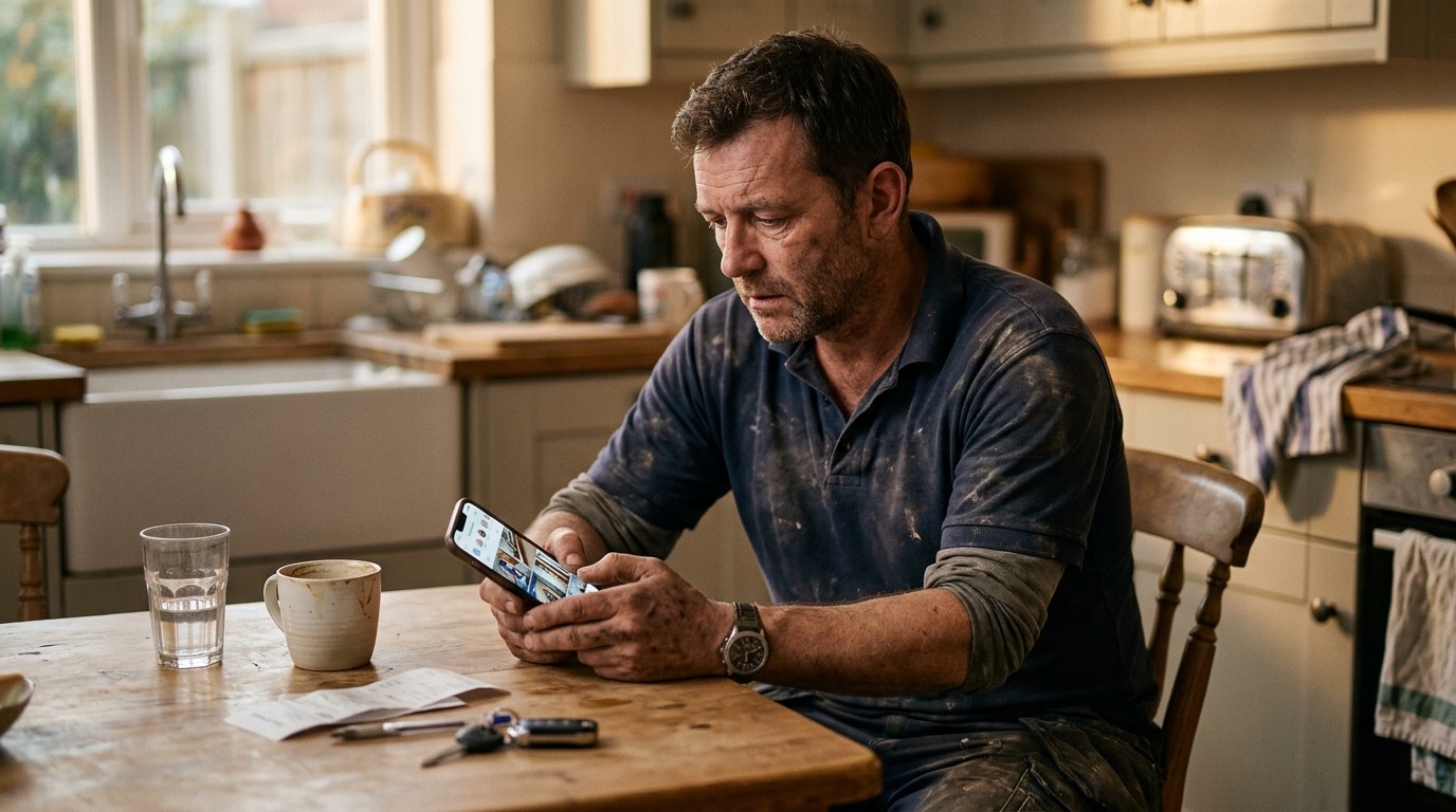 A tired plumber sitting at a kitchen table, scrolling his phone, reviewing his business social media page after a long day of work