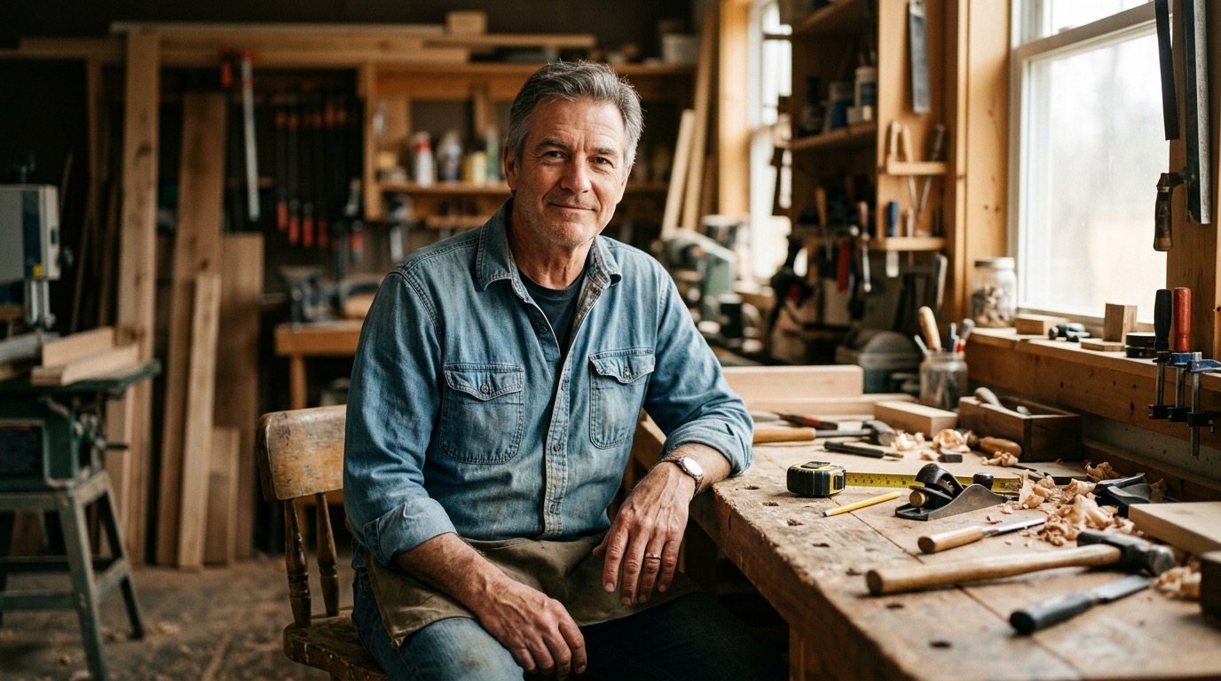 A contractor sitting at a workbench in natural light, hands resting, looking calm and present