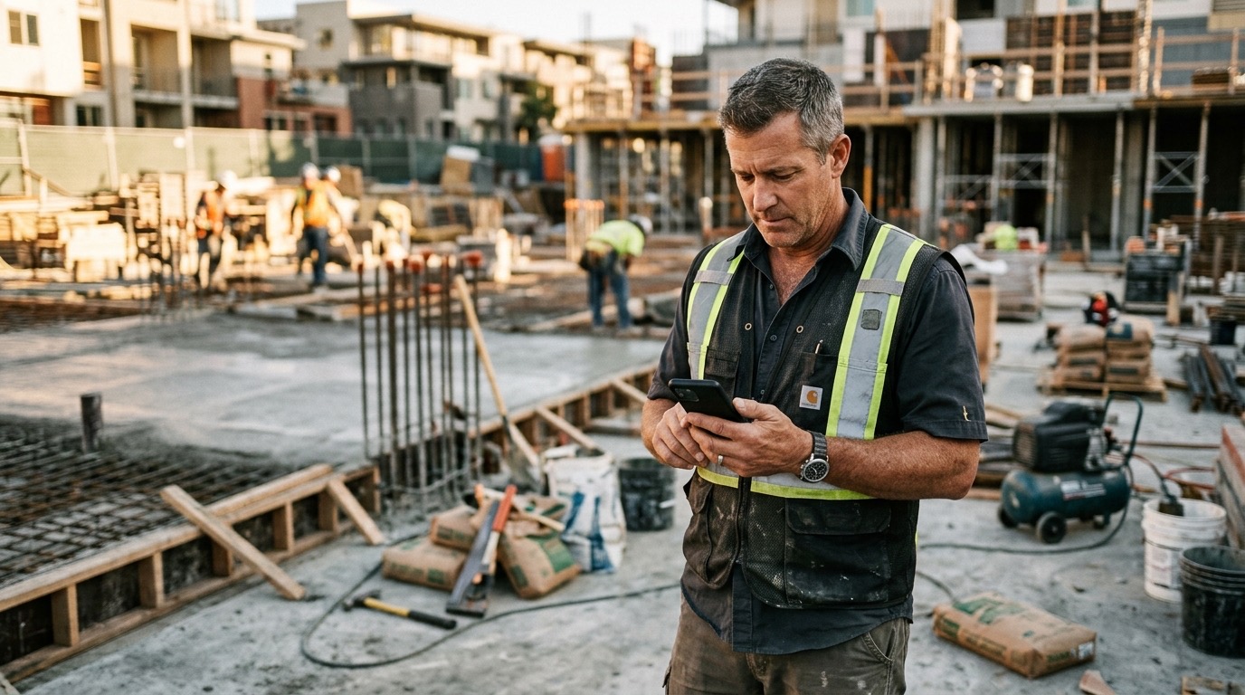 A service business owner reviewing their phone on a job site, concrete and tools in the background, natural afternoon light
