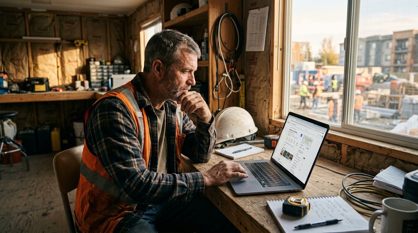 A contractor reviewing his Google Business Profile on a laptop at a job site trailer, afternoon light coming through the window