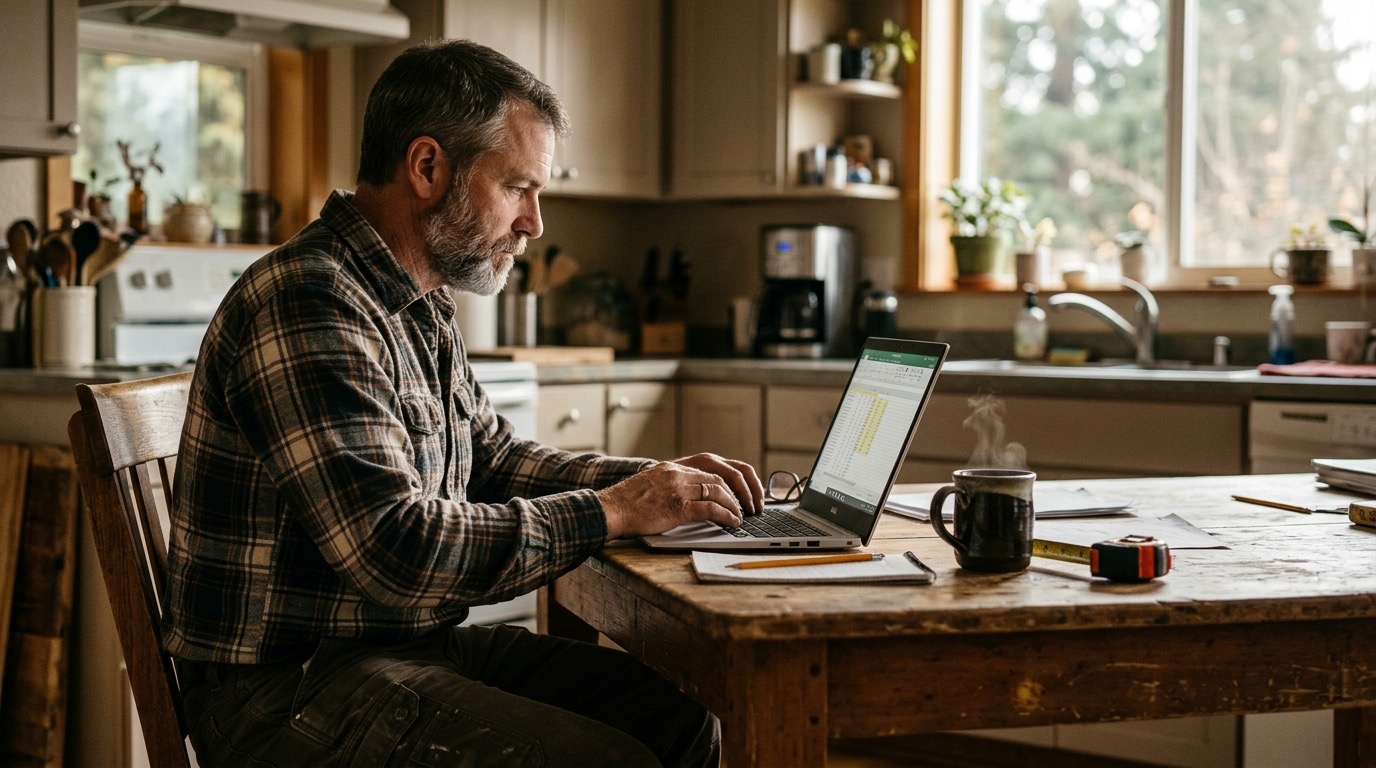 A contractor sitting at a worn kitchen table in the morning, coffee cup nearby, studying his laptop with a look of quiet focus