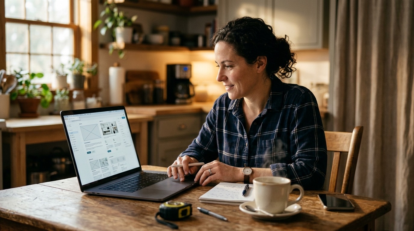 A contractor sitting at a kitchen table reviewing a laptop screen showing a website draft, coffee mug nearby, natural morning light