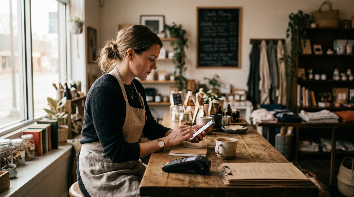 A small business owner reviewing their phone at their shop counter in the early morning, quiet and focused before the day starts