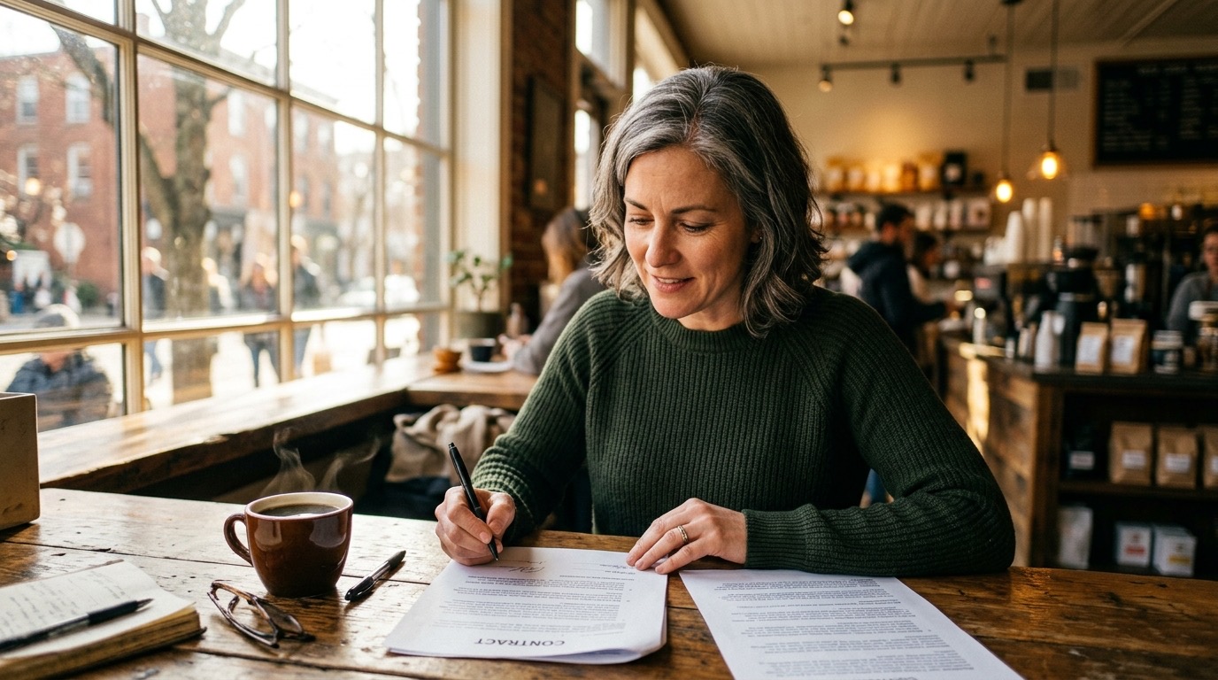 A small business owner sitting at a counter reviewing a contract, coffee on the table, afternoon light coming through the window