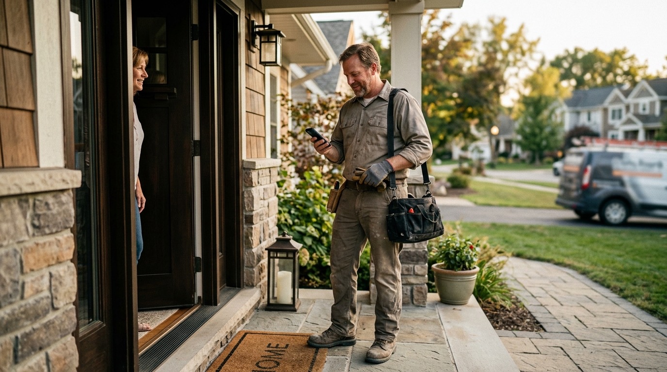 A contractor wrapping up a job at a customer's front door, phone in hand, sending a follow-up text