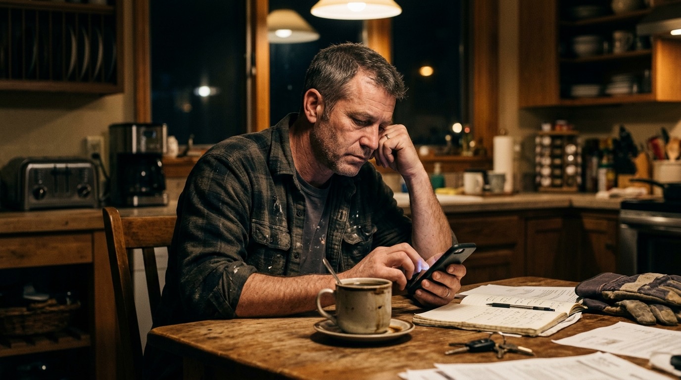 A tired contractor sitting at his kitchen table at night, scrolling through his phone with a cup of coffee nearby