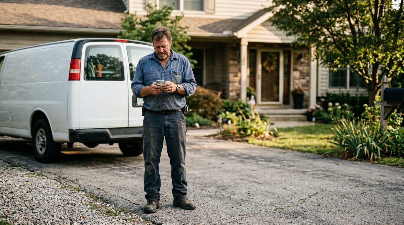 A contractor in a worn work shirt standing in a customer's driveway, reviewing a job on his phone before heading inside