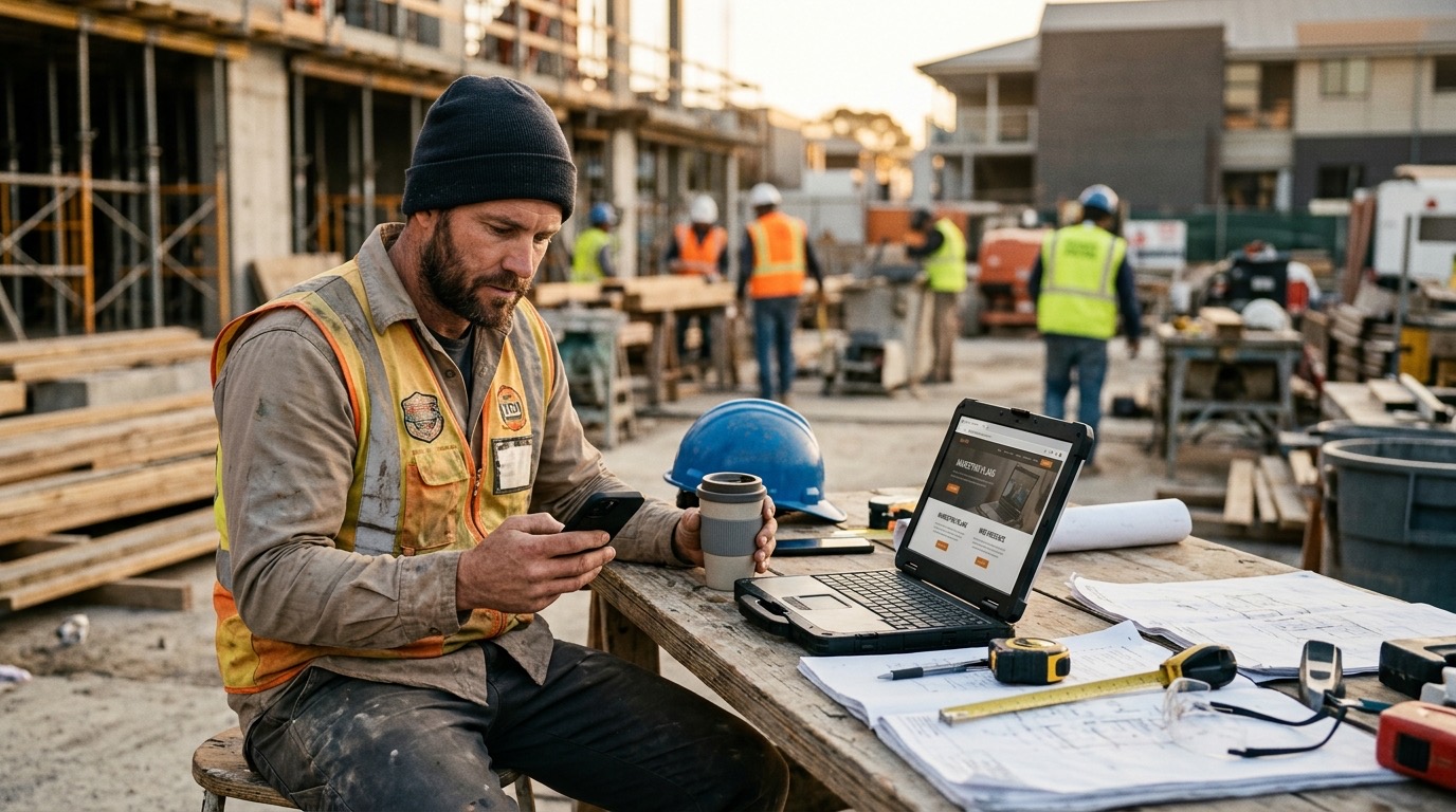 A contractor reviewing his phone and laptop at a job site, looking at marketing options with a coffee in hand