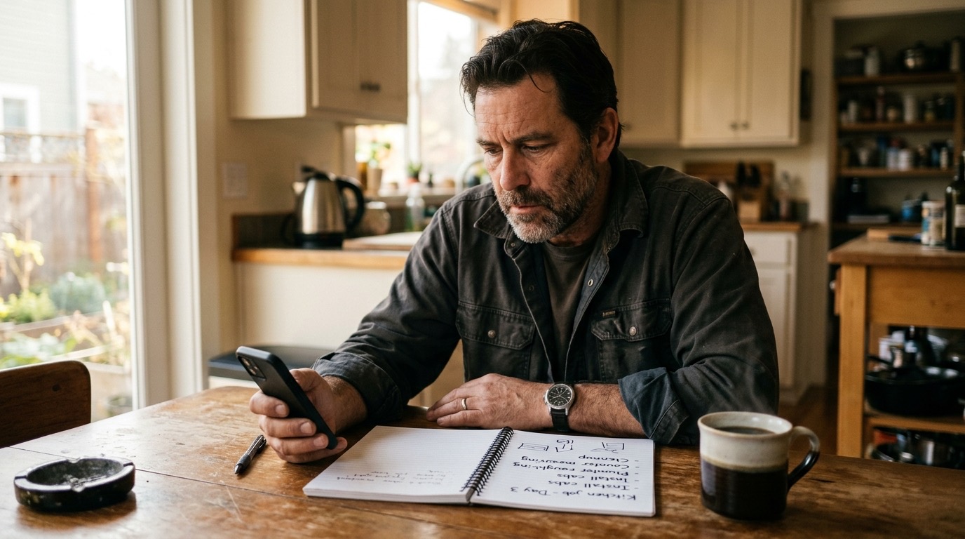 A tired contractor sitting at a kitchen table with coffee, phone in hand, looking at a notebook with a short to-do list in warm morning light