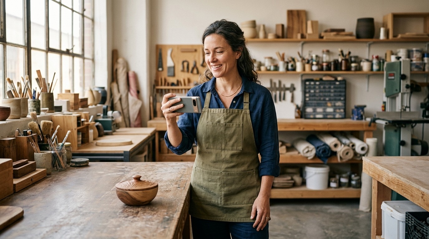 Local business owner filming a quick phone video in a clean workshop, warm natural light, relaxed and authentic