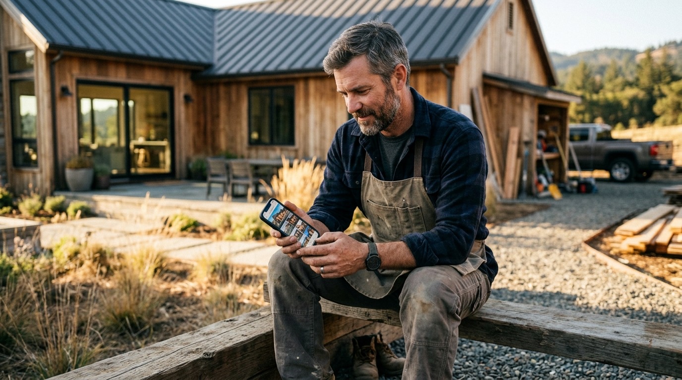 A contractor reviewing fresh photos of a completed job on his phone at a job site, warm afternoon light