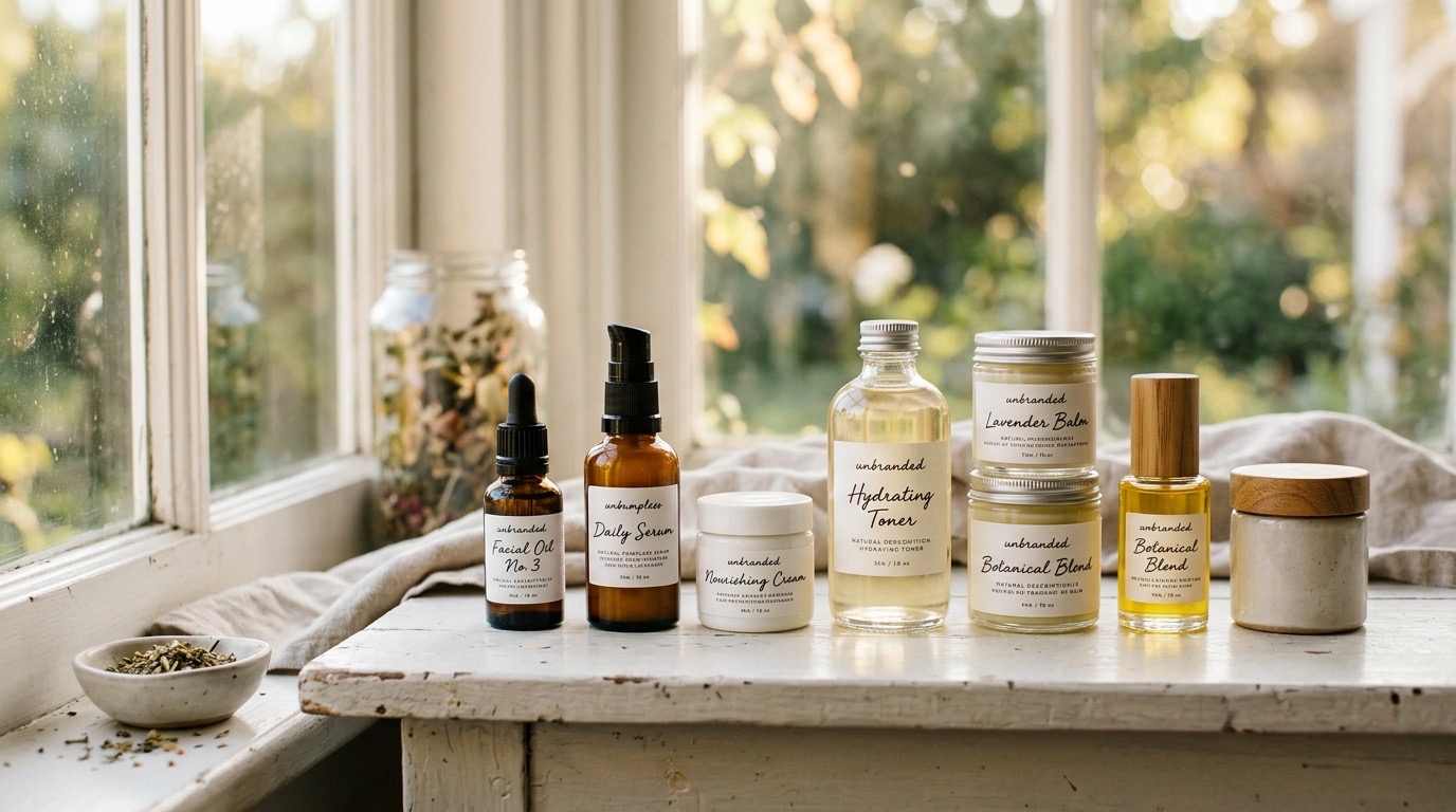 Small batch skincare products lined up on a white surface near a bright window, shadows soft, labels clear
