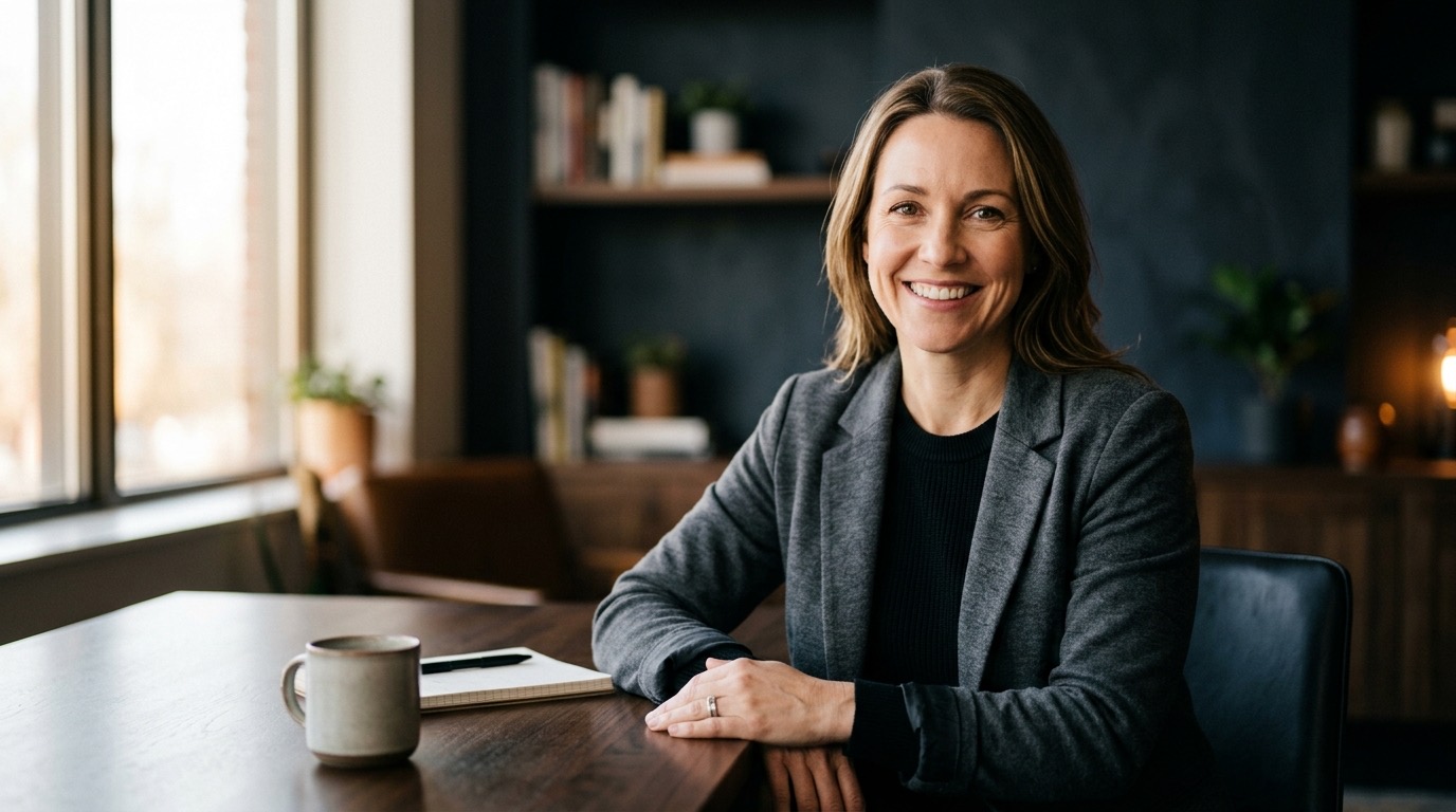 A business owner in a soft blazer photographed with warm window light against a clean dark background, looking directly at the camera with a relaxed, confident expression