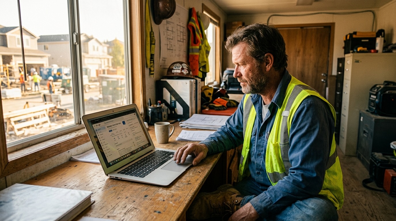A contractor reviewing his Google Business Profile on a laptop at a job site trailer, afternoon light coming through the window