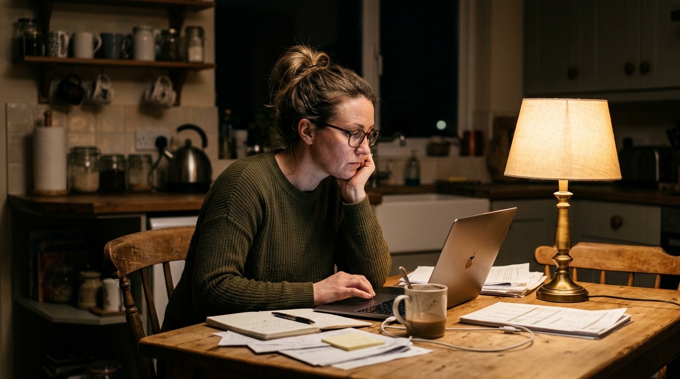 A tired but focused small business owner at a kitchen table with a laptop open late at night, coffee going cold beside them
