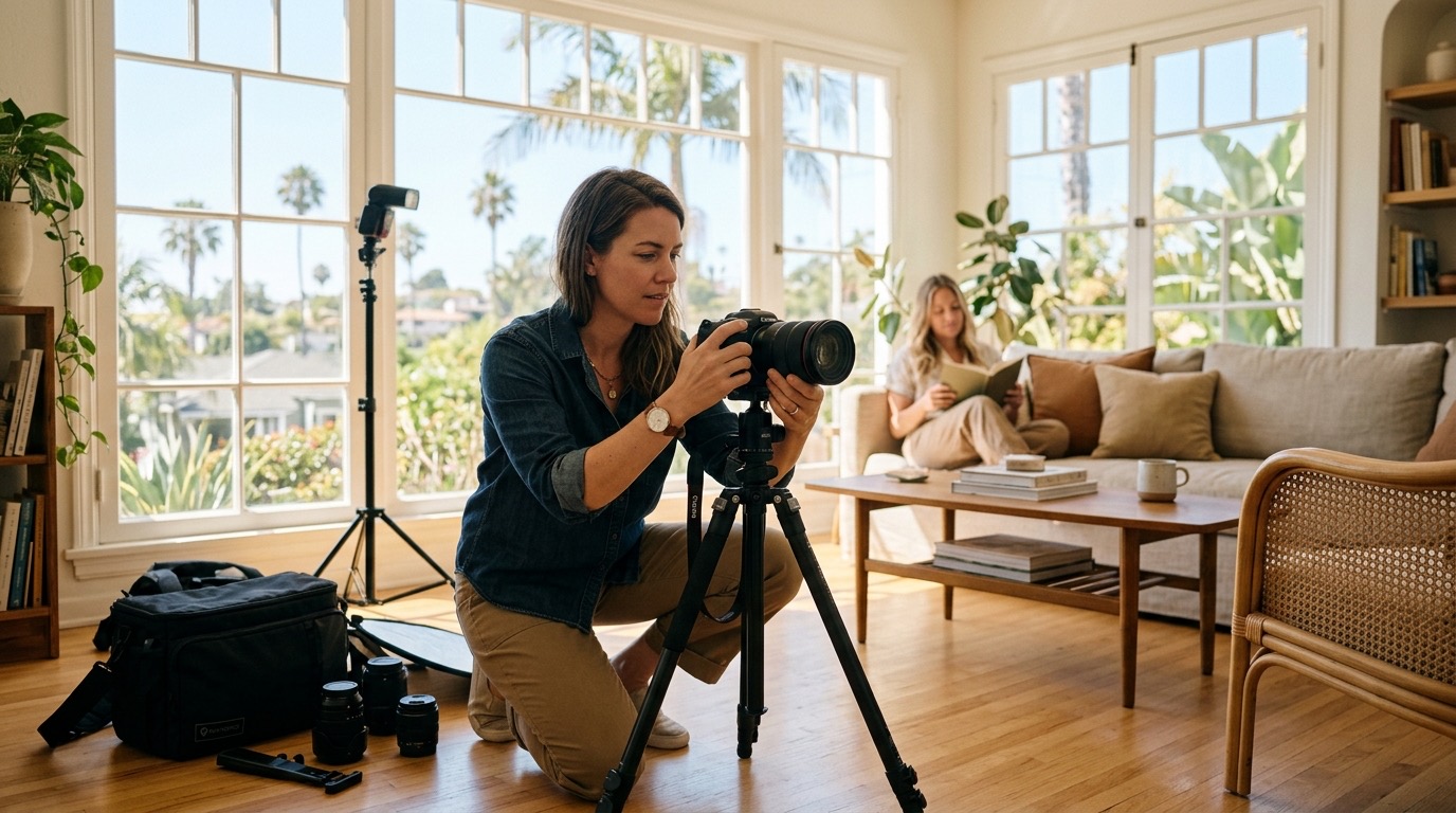 Photographer setting up a shot in a bright San Diego living room with natural light coming through large windows