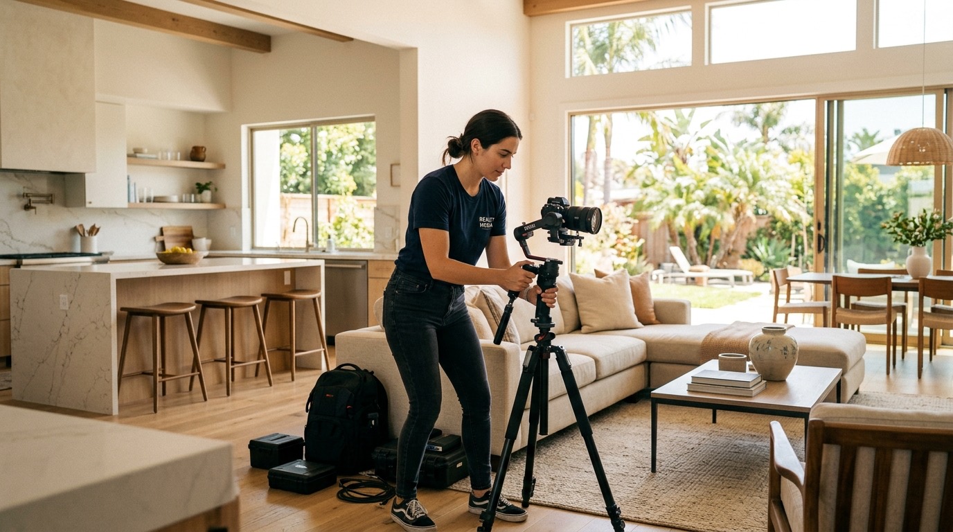 Videographer filming a bright open-plan living room in a San Diego home during a real estate shoot