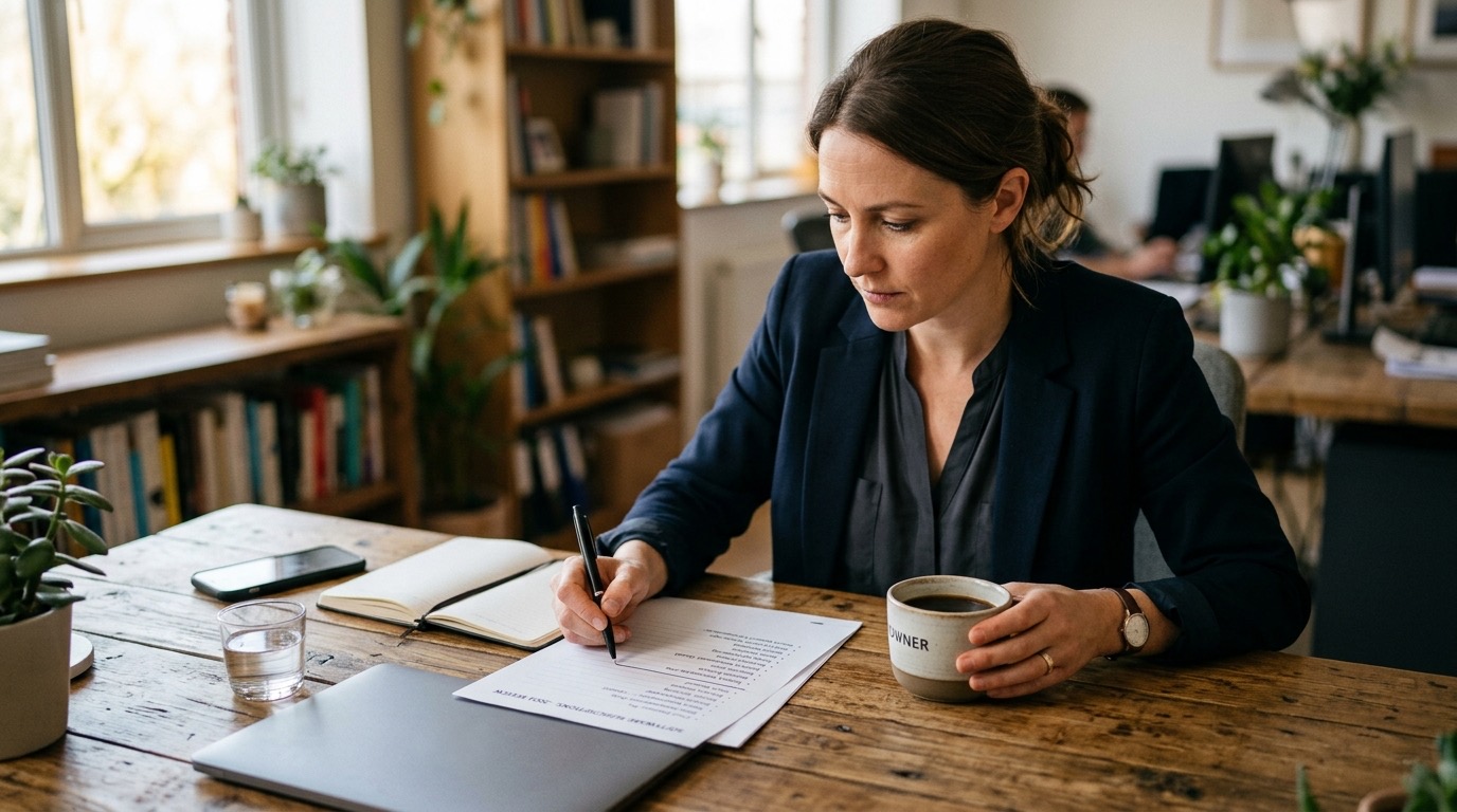 A business owner at a clean wood desk reviewing a printed list of software subscriptions with a coffee and pen