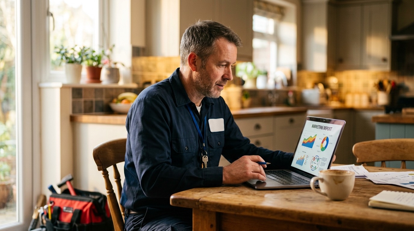 A plumber sitting at a kitchen table looking at a laptop, reviewing a marketing report with a coffee cup nearby