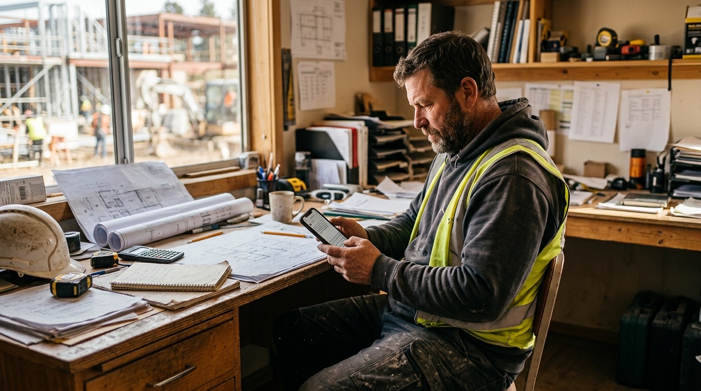 A contractor in work clothes sitting at a cluttered desk, staring at his phone with a half-written Instagram caption on screen