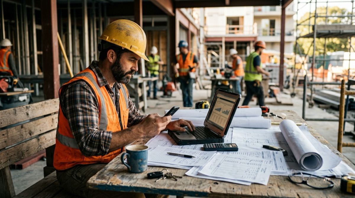 A contractor reviewing his phone and laptop at a job site table with estimates and coffee nearby
