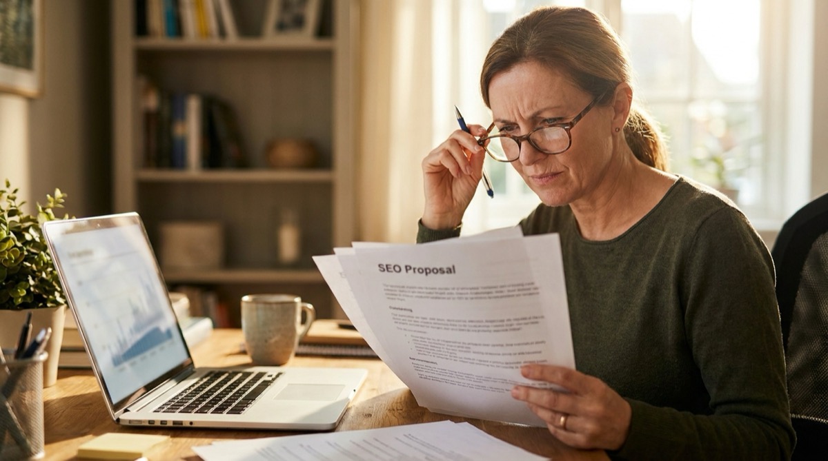 A small business owner at a desk reviewing a printed SEO proposal next to an open laptop, looking skeptical