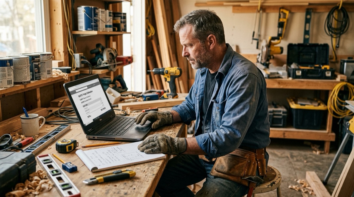 A contractor reviewing a laptop screen showing a website quote on a workbench with tools in the background