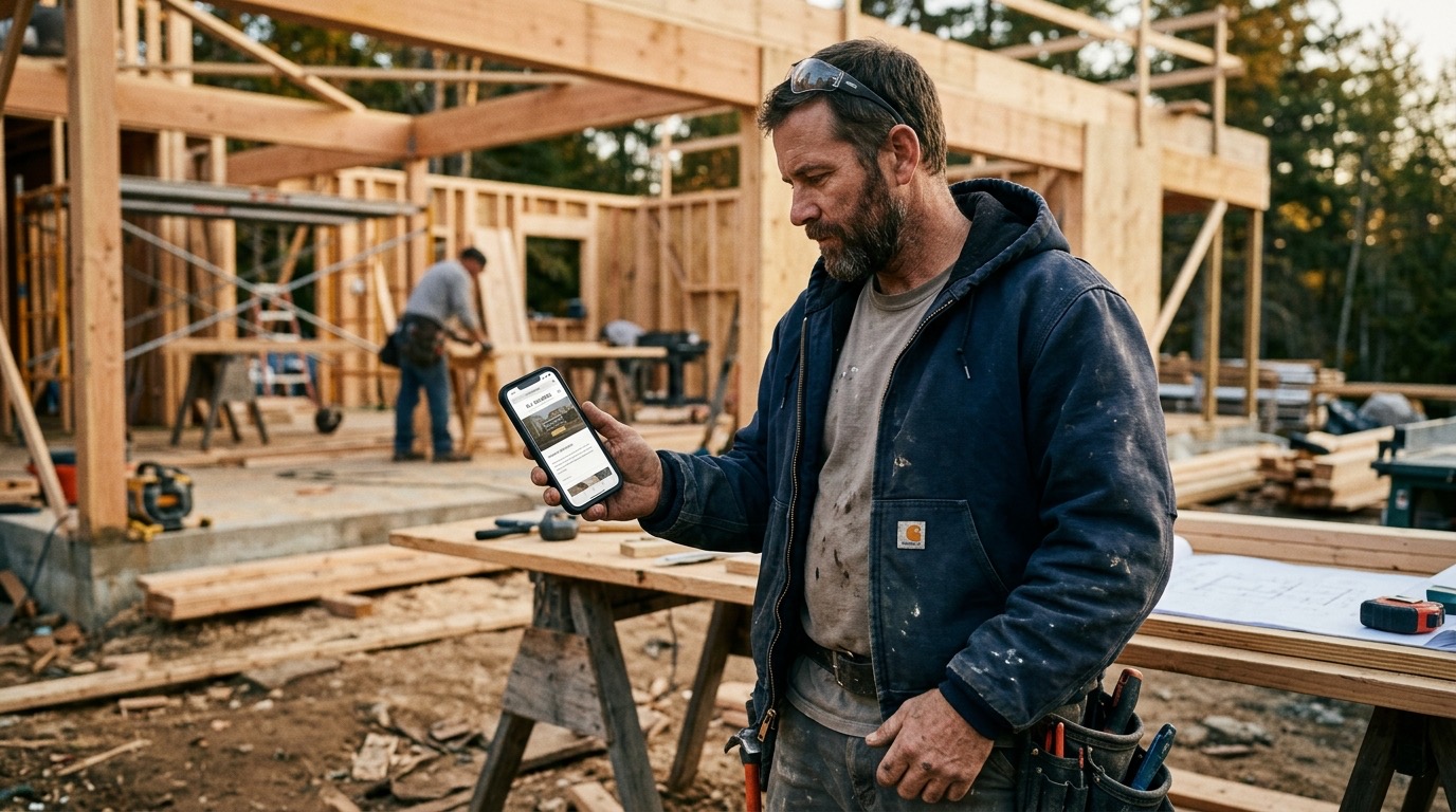A contractor reviewing his business website on a phone at a job site, natural light, authentic not staged