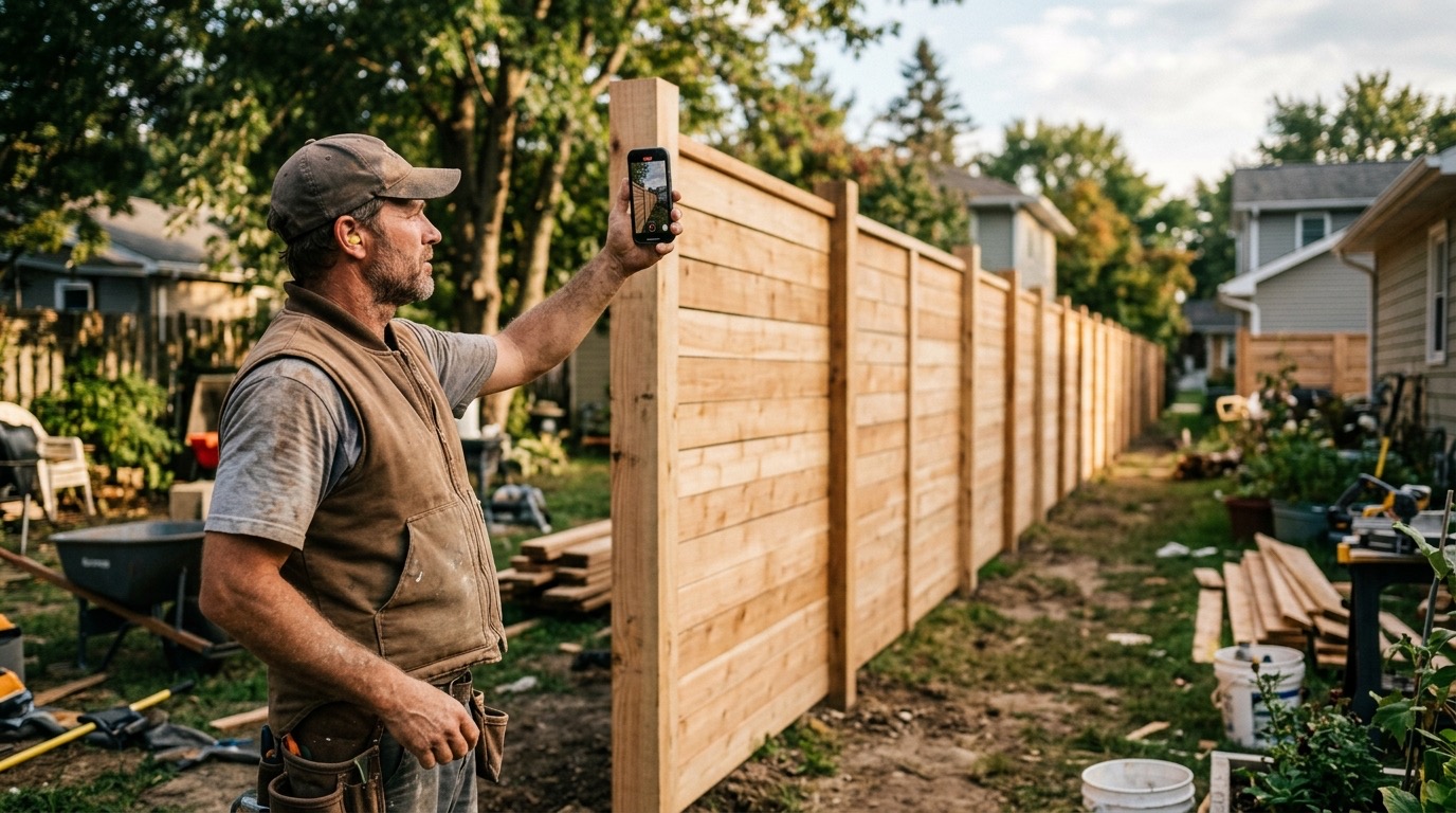 A contractor in a dusty work shirt holding up his phone to film a freshly completed fence line in a backyard, afternoon light, real job site