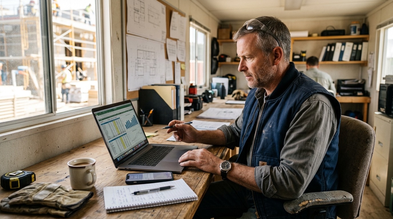 A contractor reviewing a laptop at a job site trailer desk, phone nearby, checking his business accounts