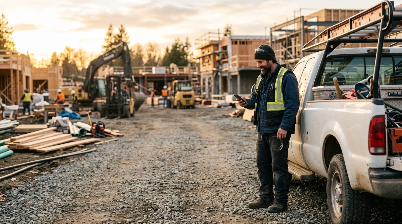 A contractor in work clothes checking his phone on a job site driveway, late afternoon light