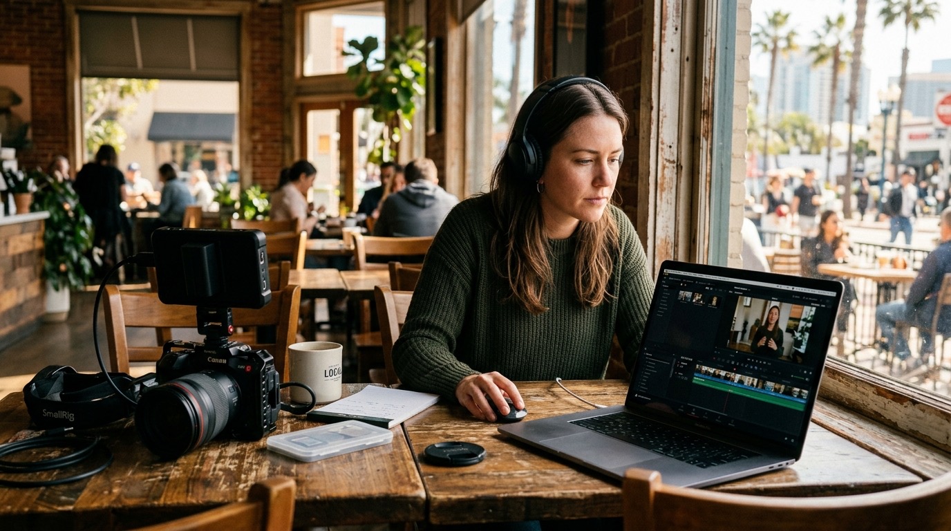 A video producer reviewing footage on a laptop at a small San Diego business location, camera gear visible on a table nearby
