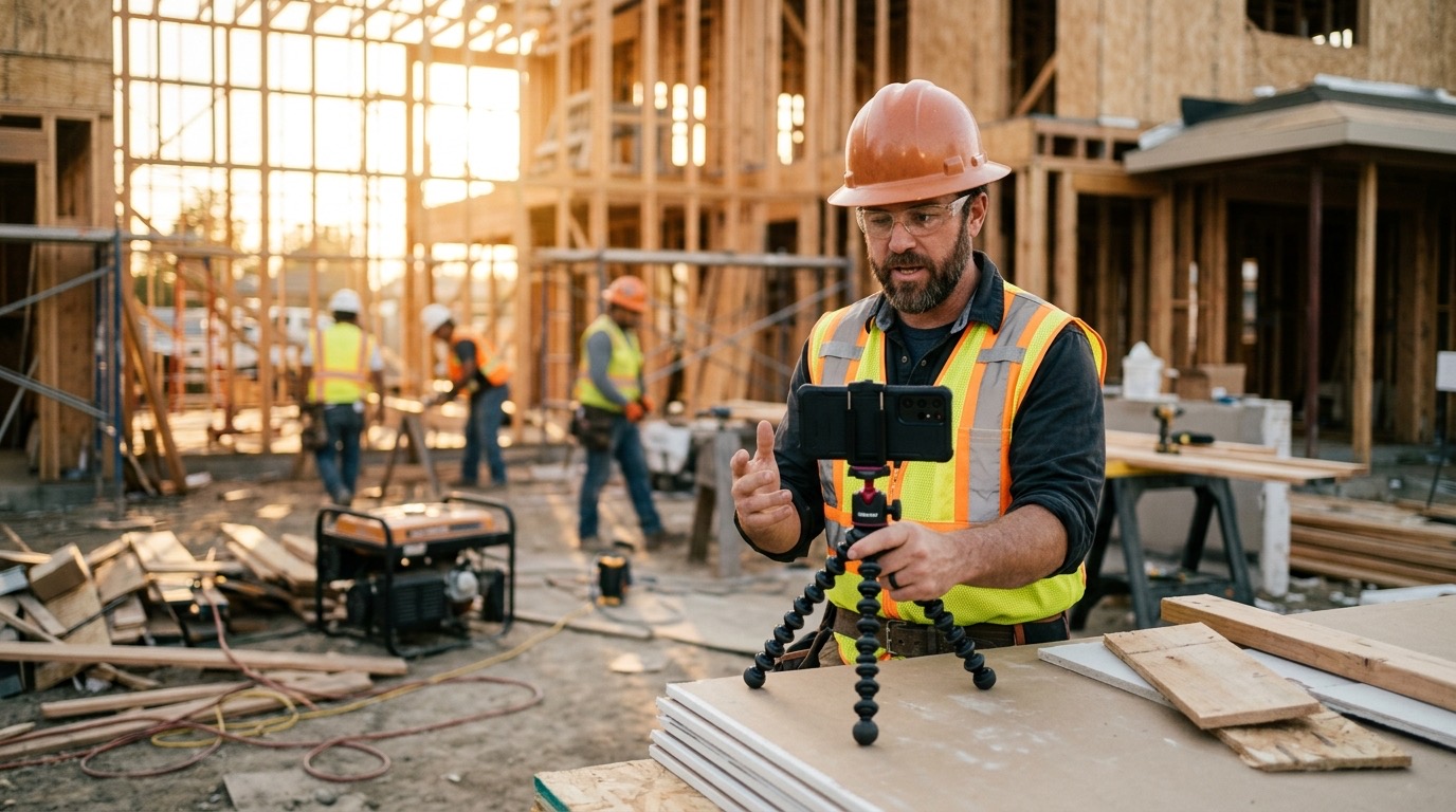 A contractor on a job site filming a quick walkthrough video on a smartphone mounted on a small tripod