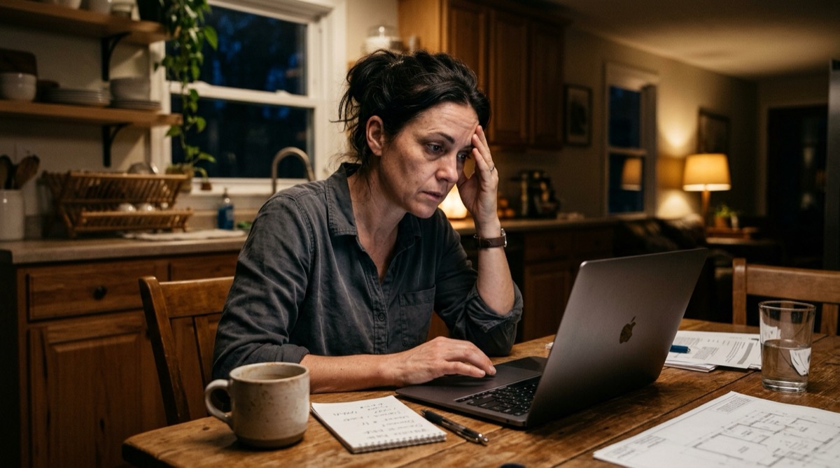 A contractor sitting at a kitchen table at night, laptop open, looking tired while trying to figure out a website builder