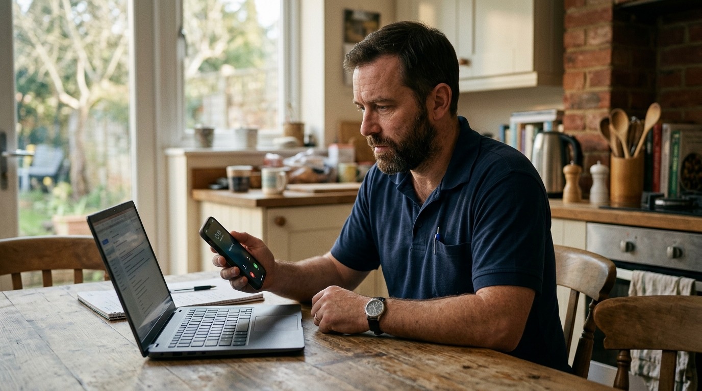 A contractor sitting at a kitchen table, looking at his phone waiting for it to ring, laptop open beside him