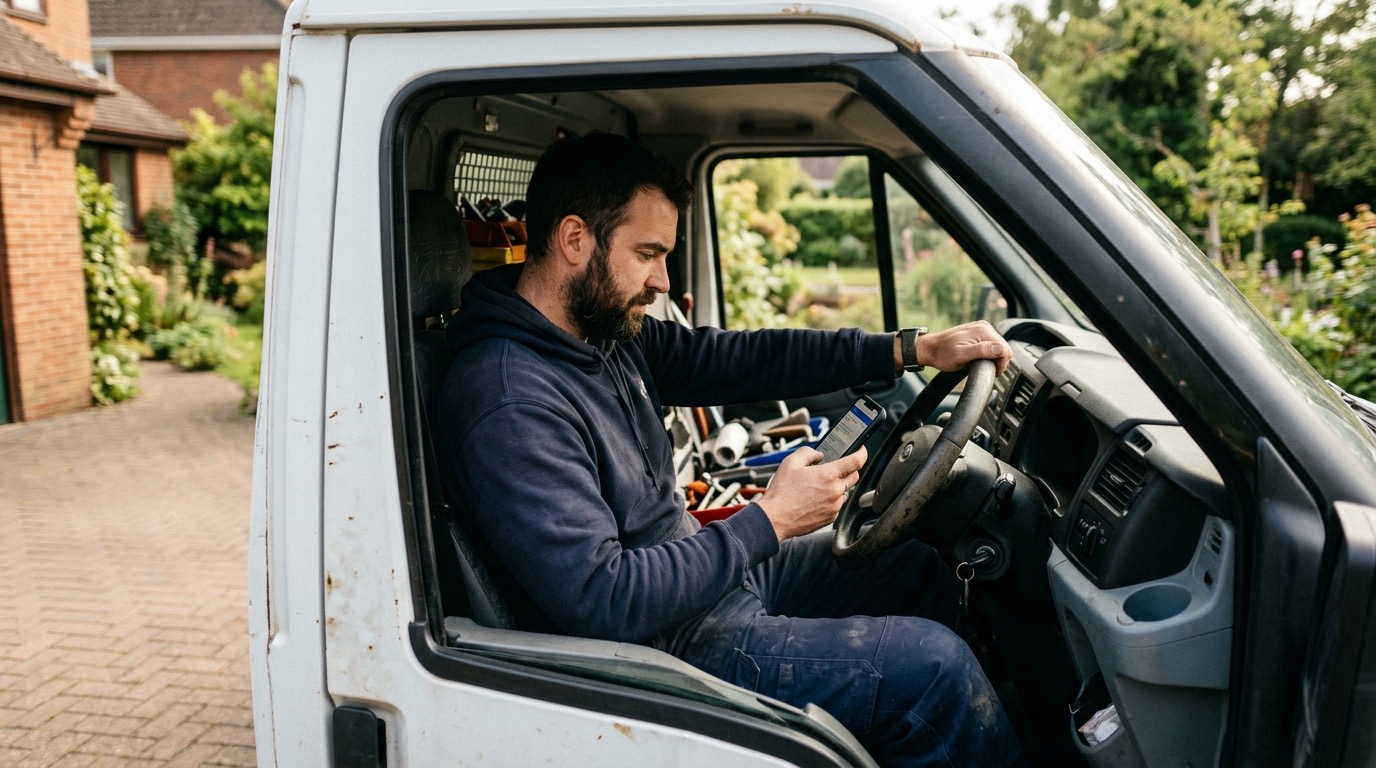 A plumber sitting in his work van in a driveway, checking his phone between jobs