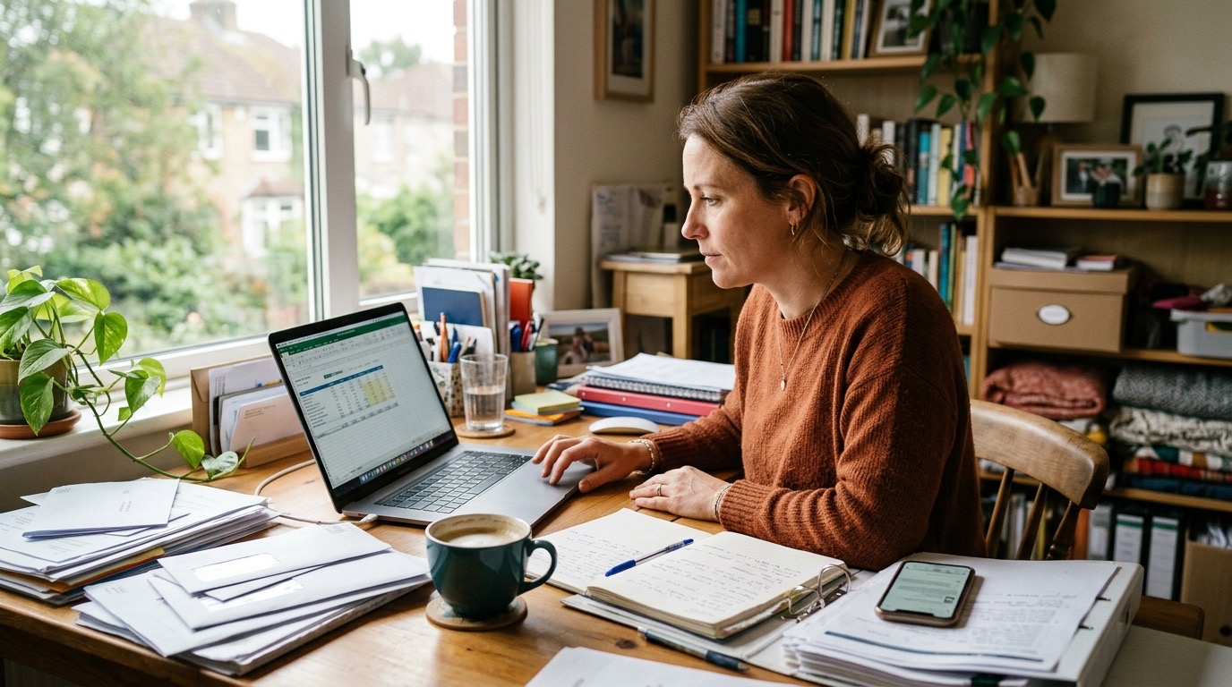 Small business owner at a cluttered desk reviewing a laptop screen, natural morning light, coffee nearby, calm and focused