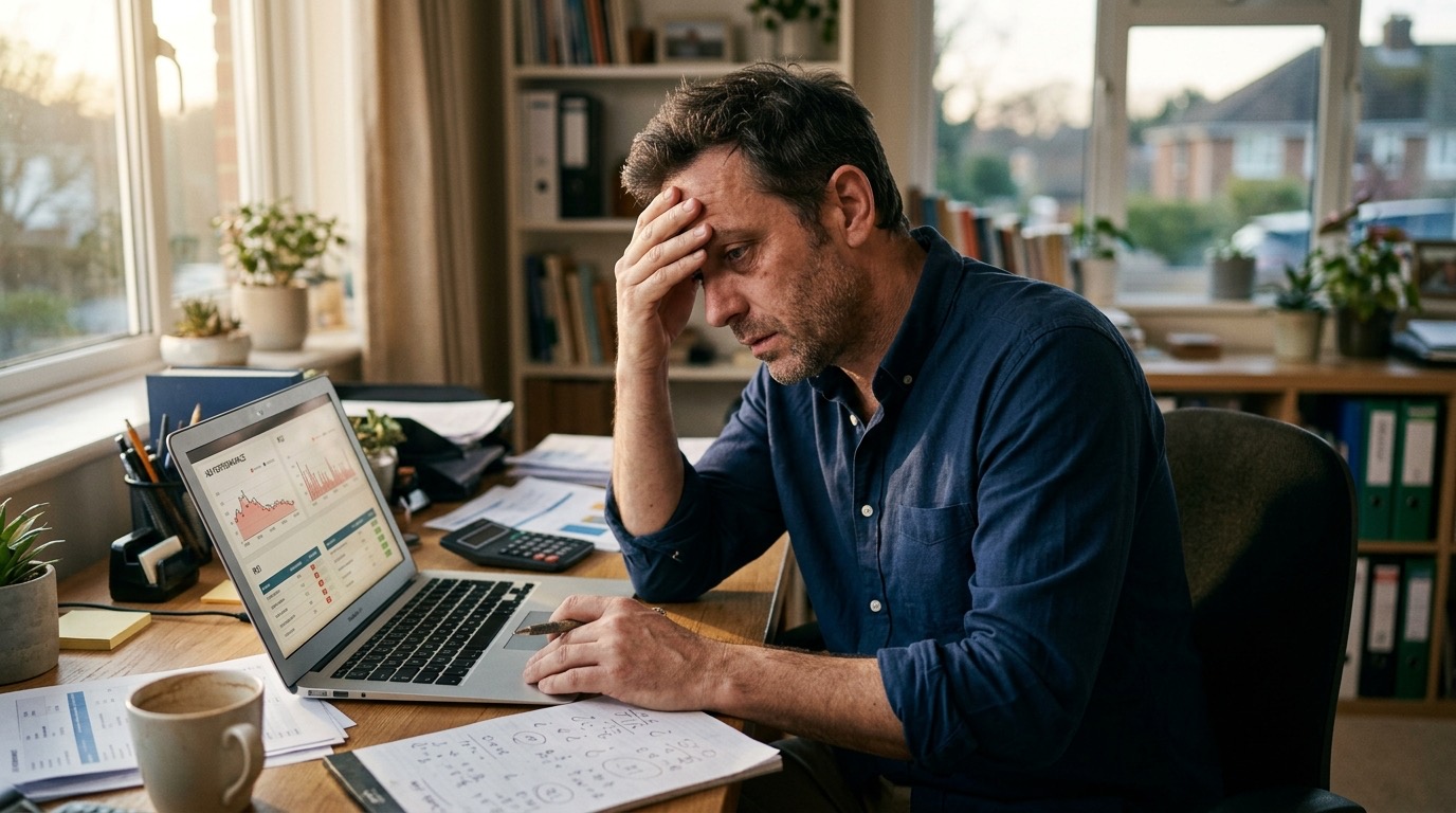 A tired business owner at his desk, laptop open, reviewing ad results that aren't adding up