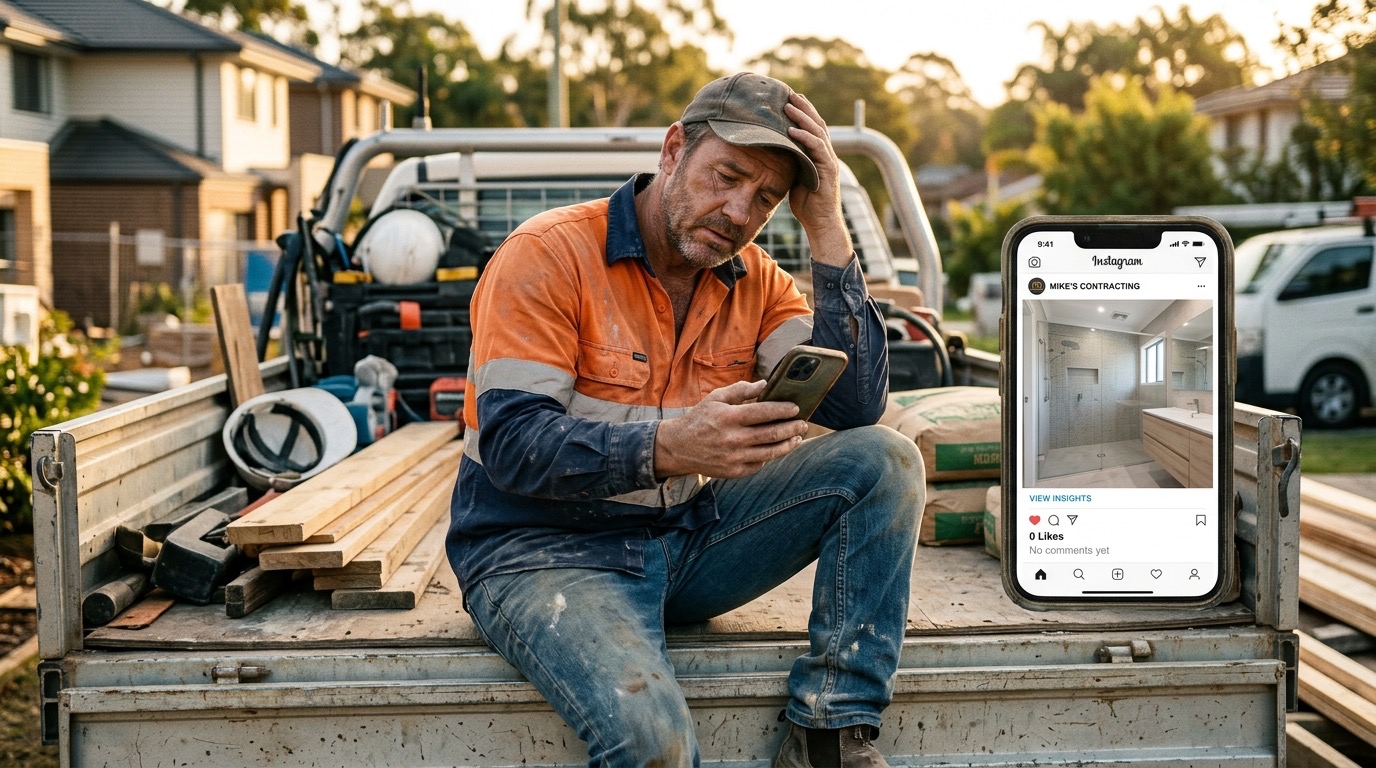 A tired contractor holding his phone, scrolling past his own business post on Instagram with zero likes